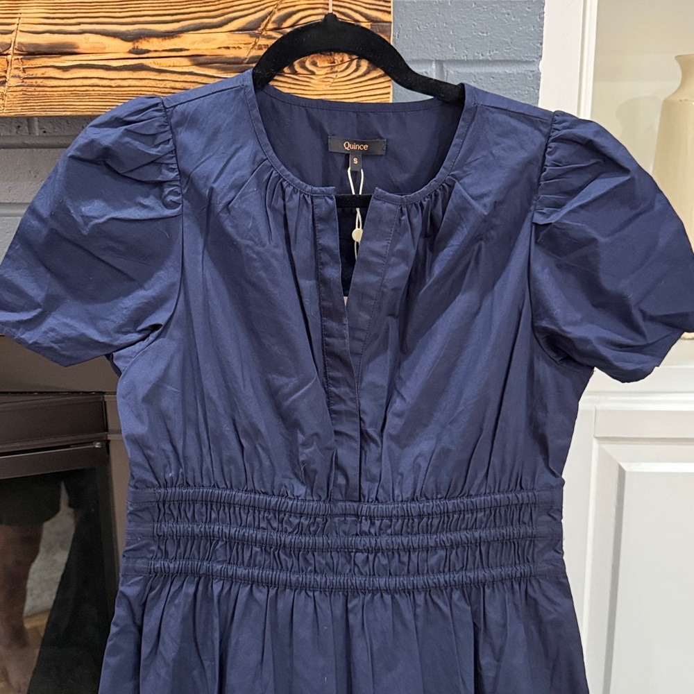 Quince Navy Blue Organic Cotton Tiered Maxi Dress sz S Women's Pockets Poplin - Picture 2 of 2